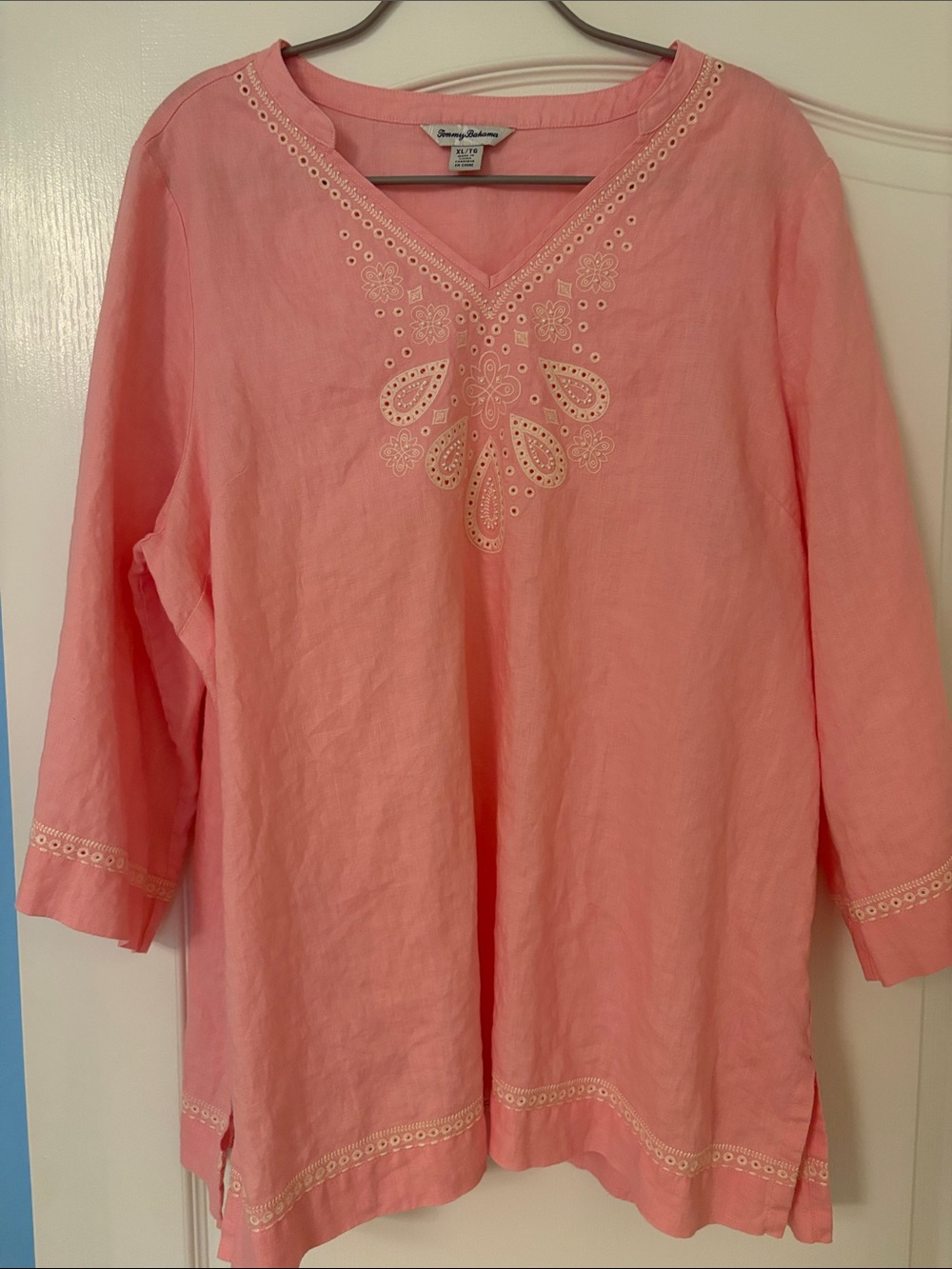 Tommy Bahama beaded pink linen tunic. Size XL NWOT
